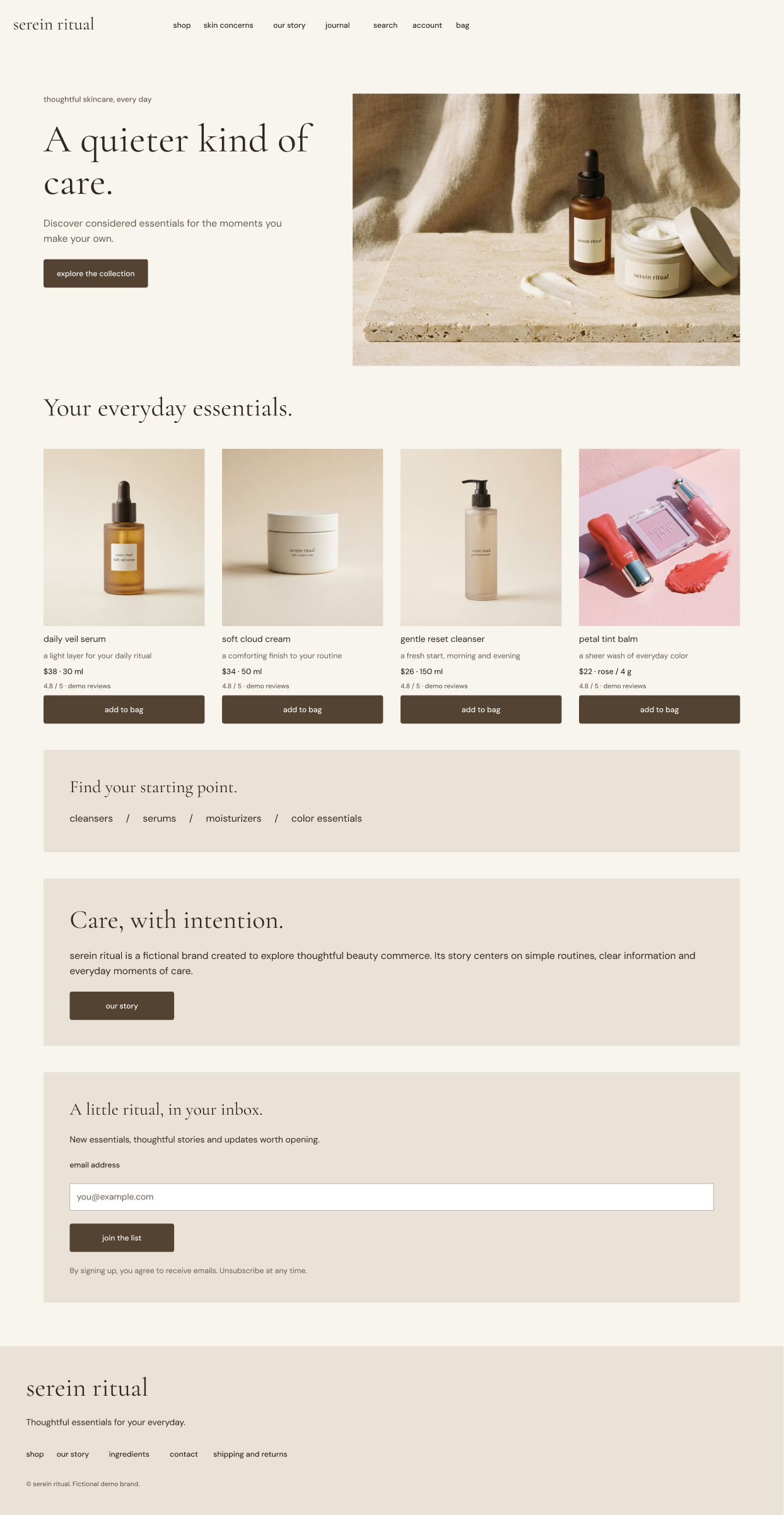 Serein Ritual homepage with warm neutral colors, product photography and editorial typography
